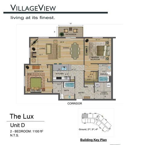 Floor plan for 2 beds, 2 baths, 1100 sqft